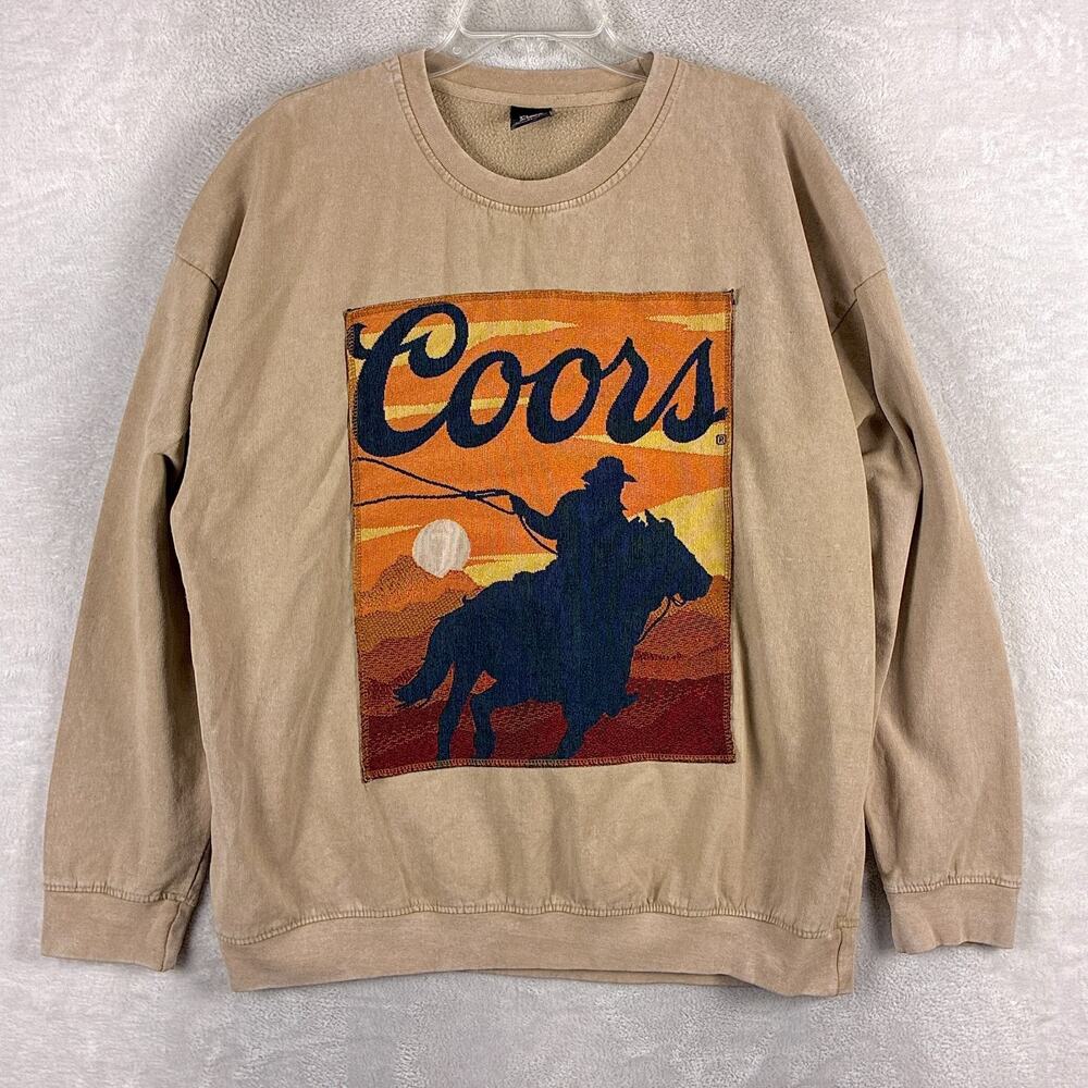 Coors Sweatshirt Men XL Beige Tapestry Patch VTG Style Western Cowboy Rodeo Beer